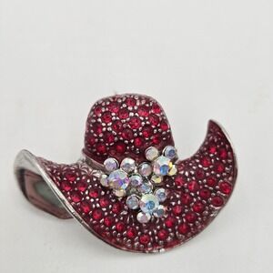 Rhinestone Red tg Brooch Pin Cowboy Hat Red Hat Society UNMARKED